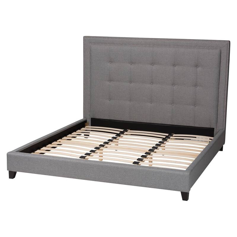 King Size Platform Bed - Grey Linen Upholstered, Button Tufted Headboard with Silver Trim