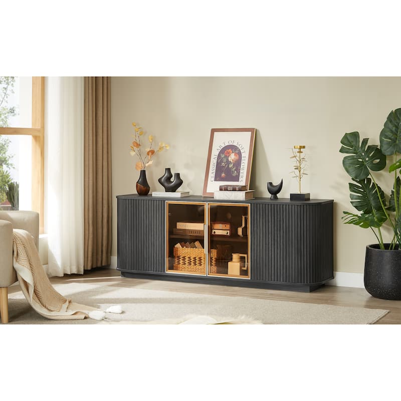 64-Inch Curved TV Stand‌ – Modern Wooden Stripe Cabinet with Aluminum-Framed Glass Doors