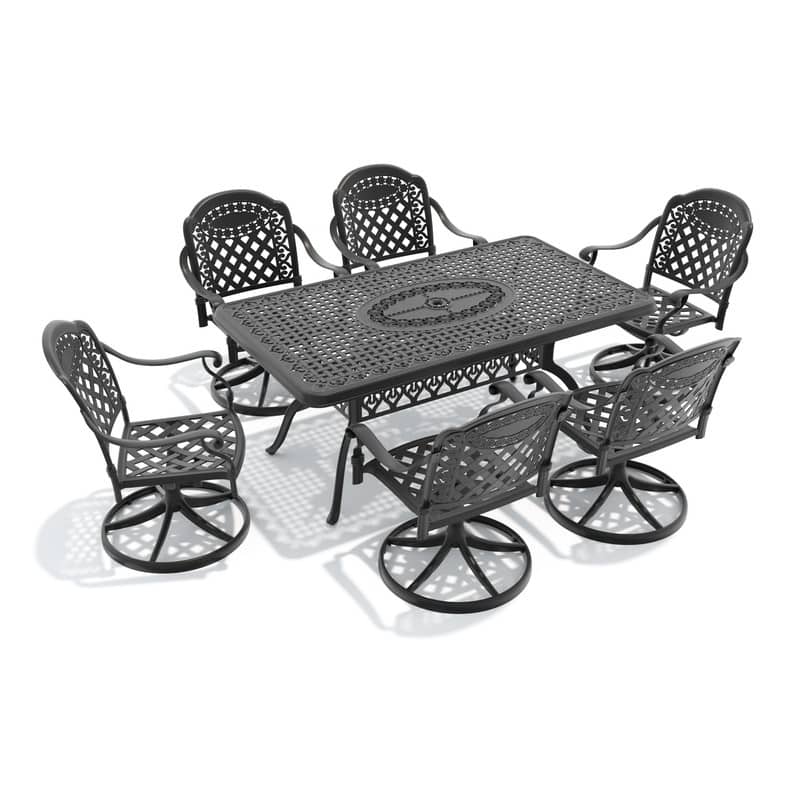 7-Piece Aluminum Rectangular Outdoor Patio Dining Set, 6 Cushioned Swivel Chairs, Table, All-Weather Frames