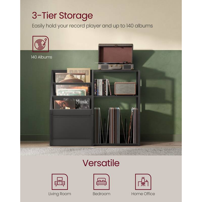 3-Tier Record Player Stand with 2 open Shelves and Display Rack for 140 Albums - 31.9”L x 11.8”W x 27.1”H