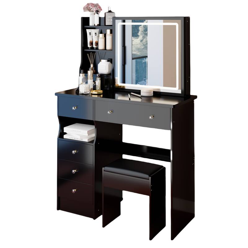 37" Full-Size Vanity Set with Mirror, LED Lighting & Cushioned Stool