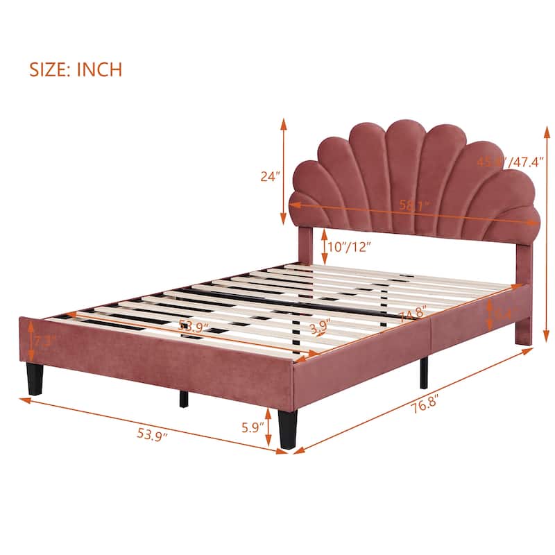 Upholstered Platform Bed, Velvet Fabric Bedframe with Flower Pattern Headboard & 12 Wood Slat Support, No Box Spring Needed