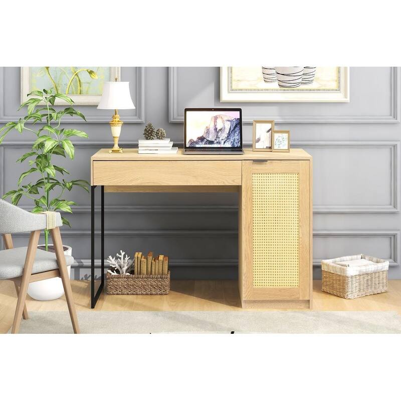 47" Wicker Computer Desk with Storage Cabinet and Drawer