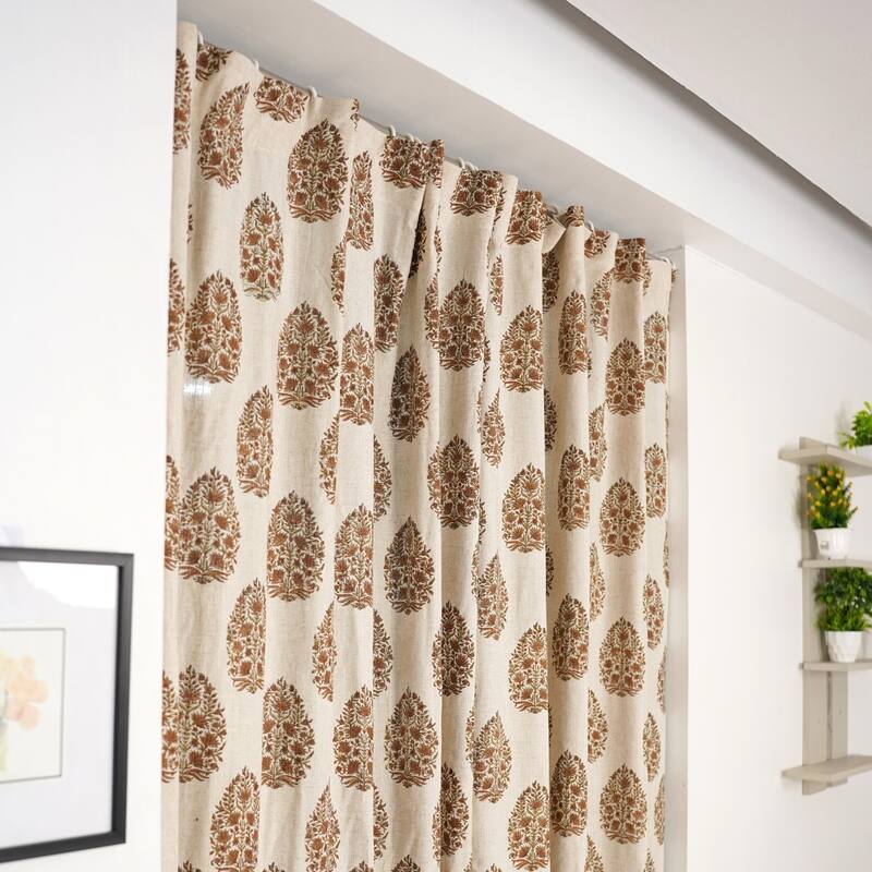 Fabdivine Handmade Floral Block Print Window or Door Room Décor Viscose Linen Curtain