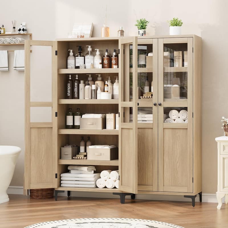 Tall Storage Cabinet,2 Glass Doors, Kitchen Pantry 5 Tier Bathroom Cabinet