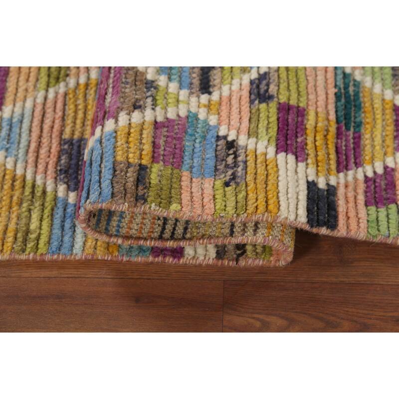 Hand Knotted Oriental 100% Wool Carpet Modern All-Over Multi-Colored Moroccan Runner Rug - 12' 9'' X 2' 5''