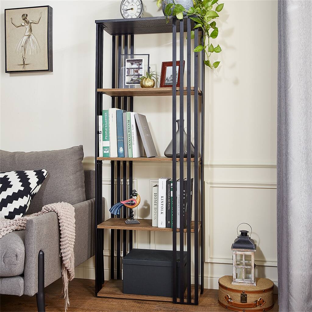 Black open bookcase bookcase, tall wooden bookcase with metal frame