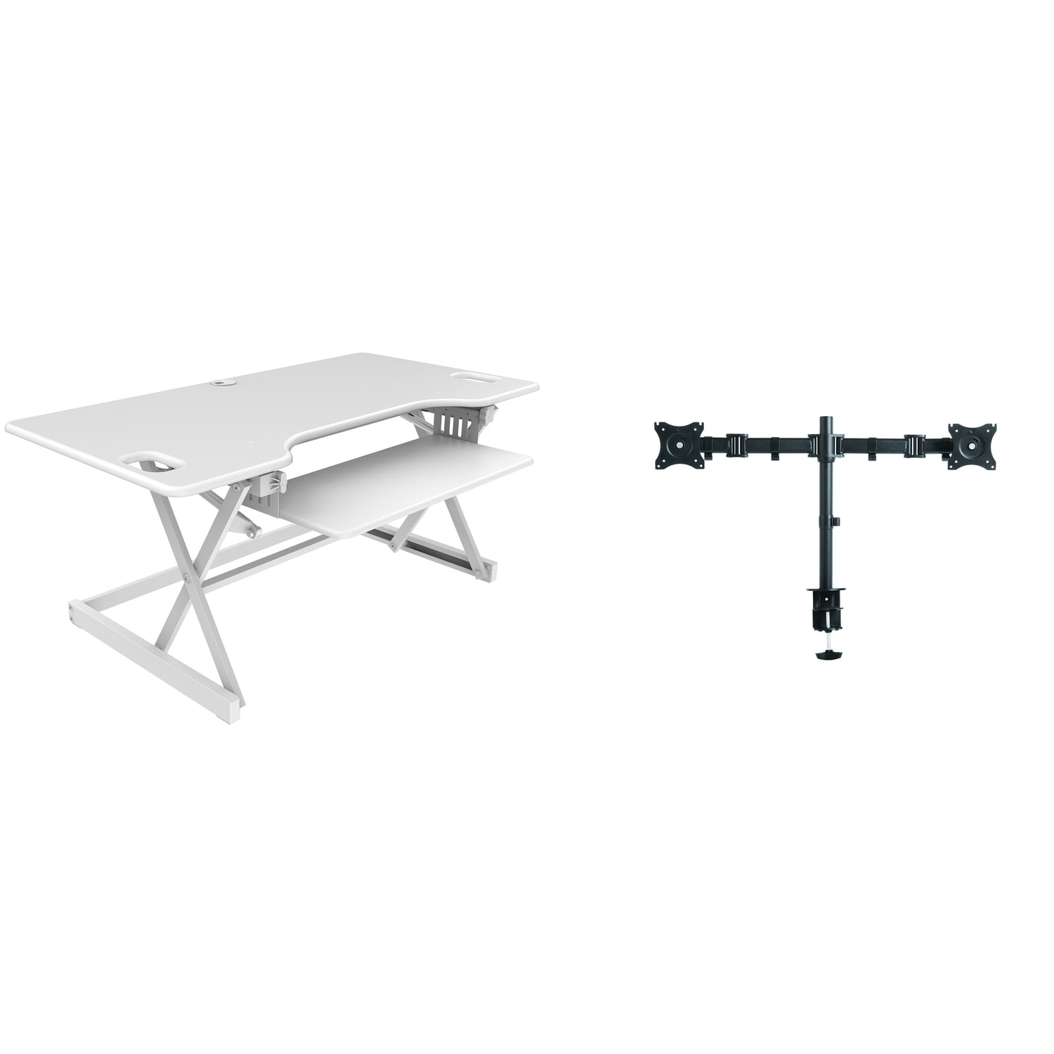 Rocelco 46 in. W White Height Adjustable Standing Desk Converter with Double Monitor Mount and Deep Keyboard Tray