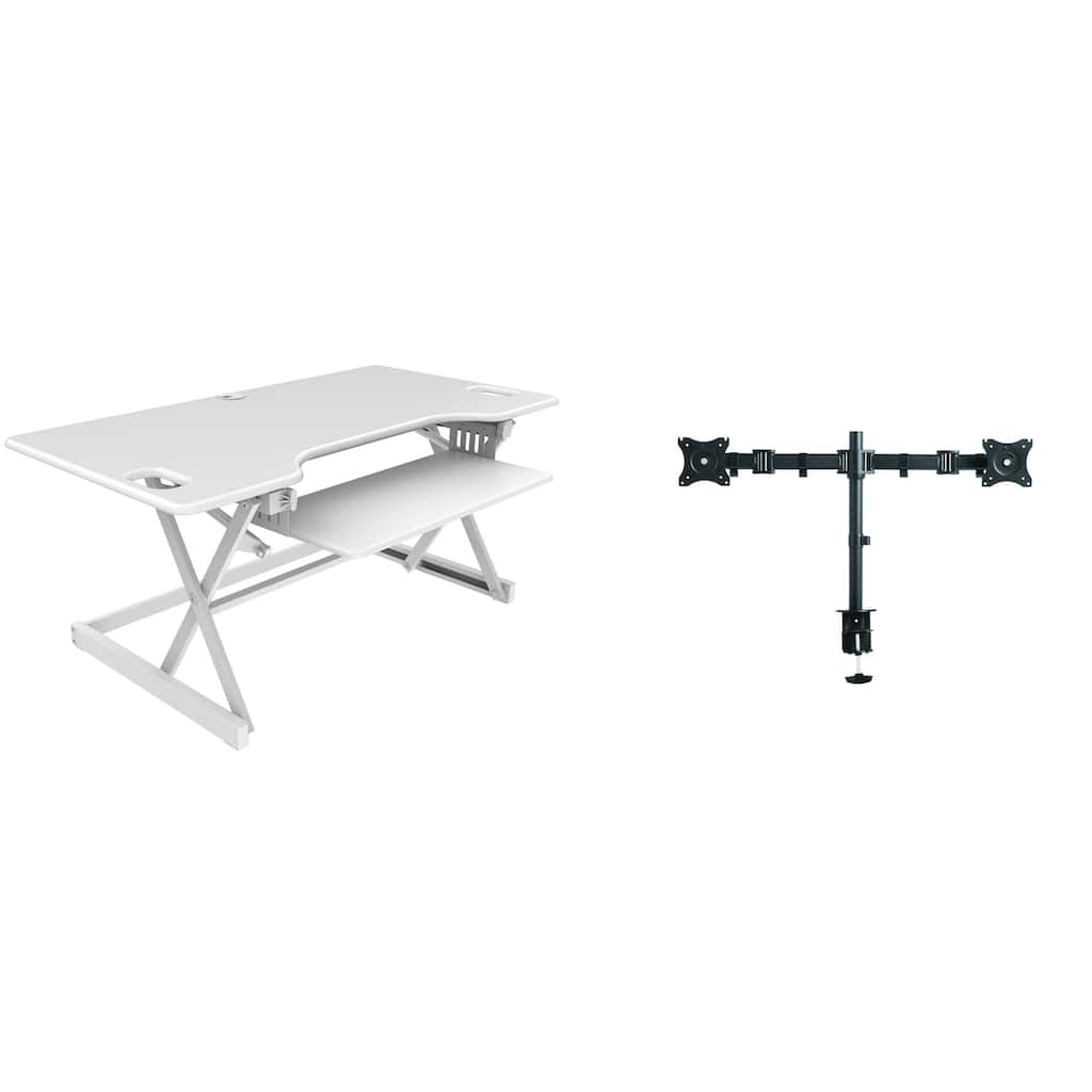 Rocelco 46 in. W White Height Adjustable Standing Desk Converter with Double Monitor Mount and Deep Keyboard Tray