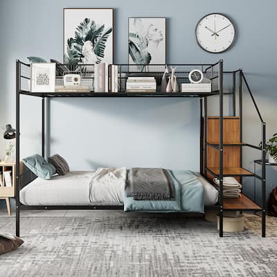 Space-Saving Twin Over Full Metal Bunk Bed with Wardrobe and Practical Step Ladder