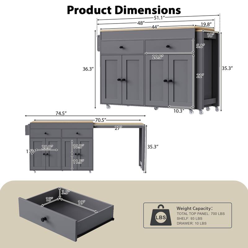 Modern Kitchen Island on Wheels with Drop-Leaf Table, Large Storage Space, Adjustable Shelves & Durable Build