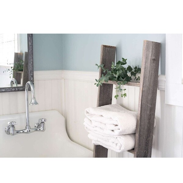 4 Step Rustic Weathered Grey Wood Ladder Shelf 4 ft Bed Bath