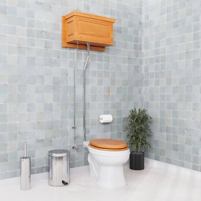 Mahogany Wooden High Tank Toilet Raised Tank, White Elongated Bowl and Brass Z Pipe