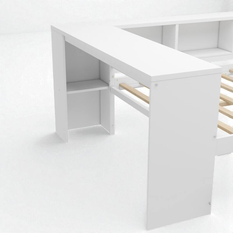 Twin/Full Size Wood Daybed with Trundle, Storage Drawers, Shelves and Built-in Desk, No Box Spring Needed