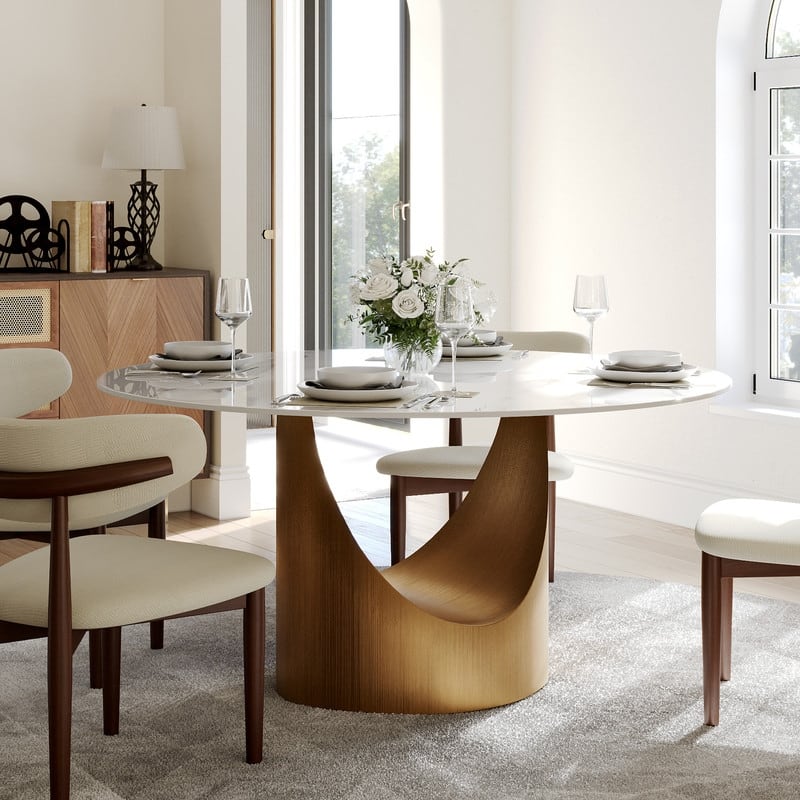 Modern Round Dining Table for Diningroom，White Glossy Stone Tabletop,Bronze Carbon Pedestal
