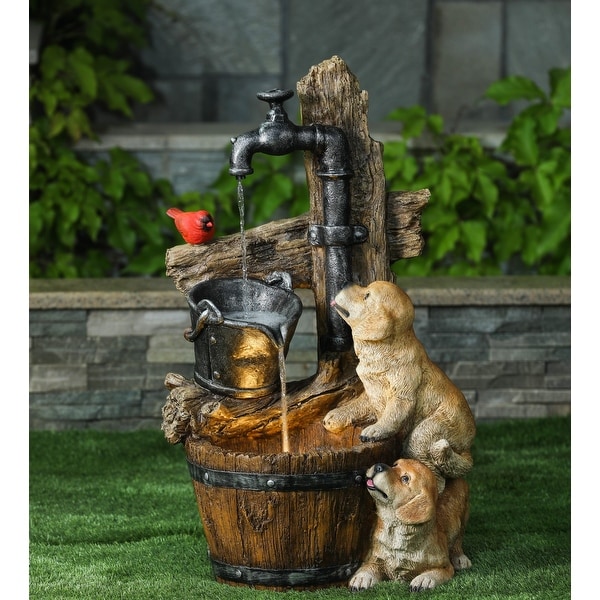Resin Puppies and Water Faucet Outdoor / Patio Fountain with LED Light
