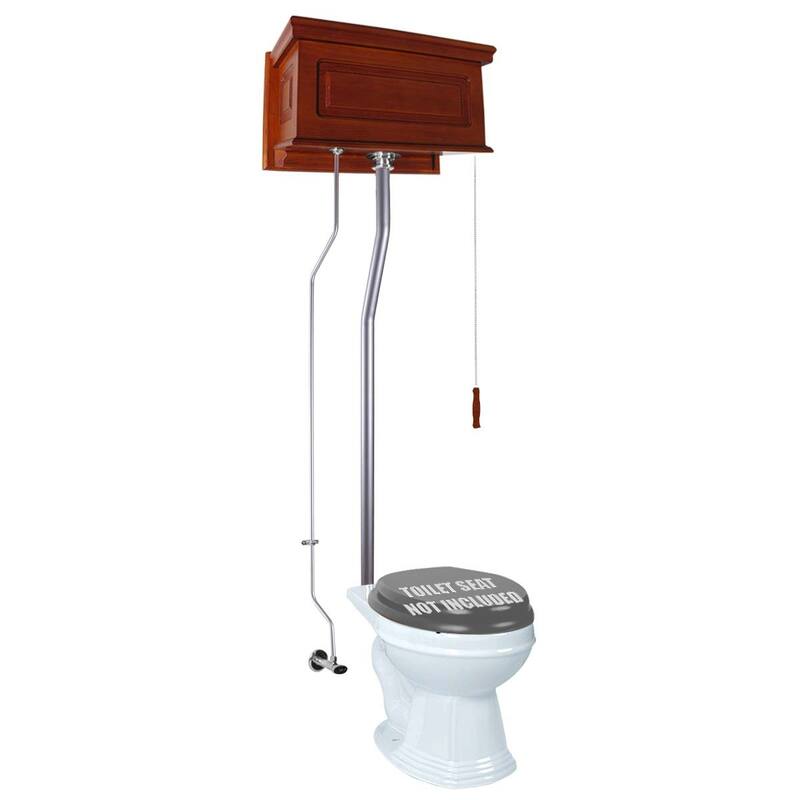 High Tank Toilet - Light Mahogany Raised Tank, Satin Plated L Pipe and Round White Bowl Renovators Supply
