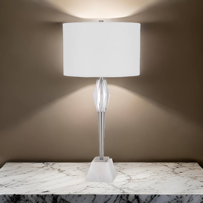 32 Inch Table Lamp with White Drum Shade, Marble Base, Brushed Steel