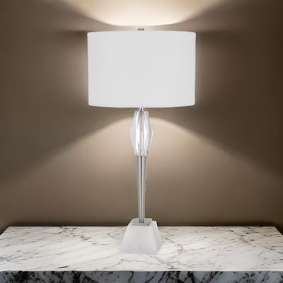 32 Inch Table Lamp with White Drum Shade, Marble Base, Brushed Steel