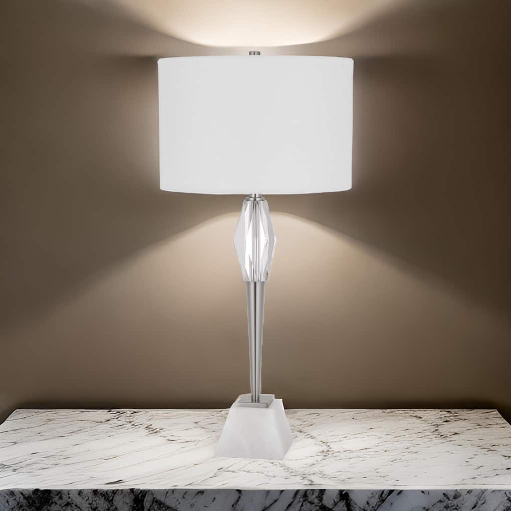 32 Inch Table Lamp with White Drum Shade, Marble Base, Brushed Steel