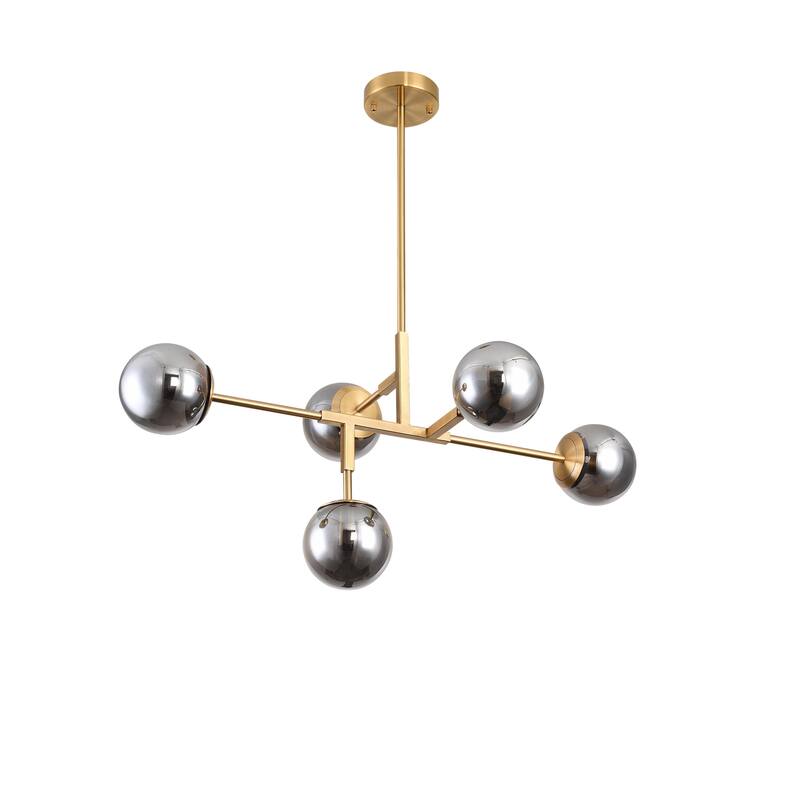 5 Light Gold Metal Chandelier with Smoke Glass Shades