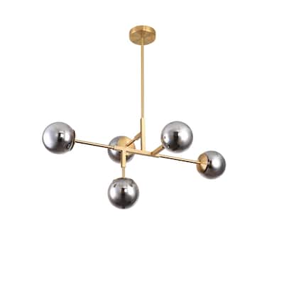 5 Light Gold Metal Chandelier with Smoke Glass Shades