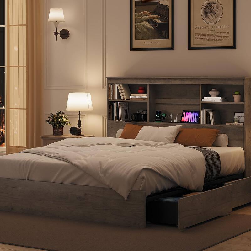Full/Queen Bed Frame with Tall Bookcase Headboard & 4 Storage Drawers - Platform Bed with Charging Station