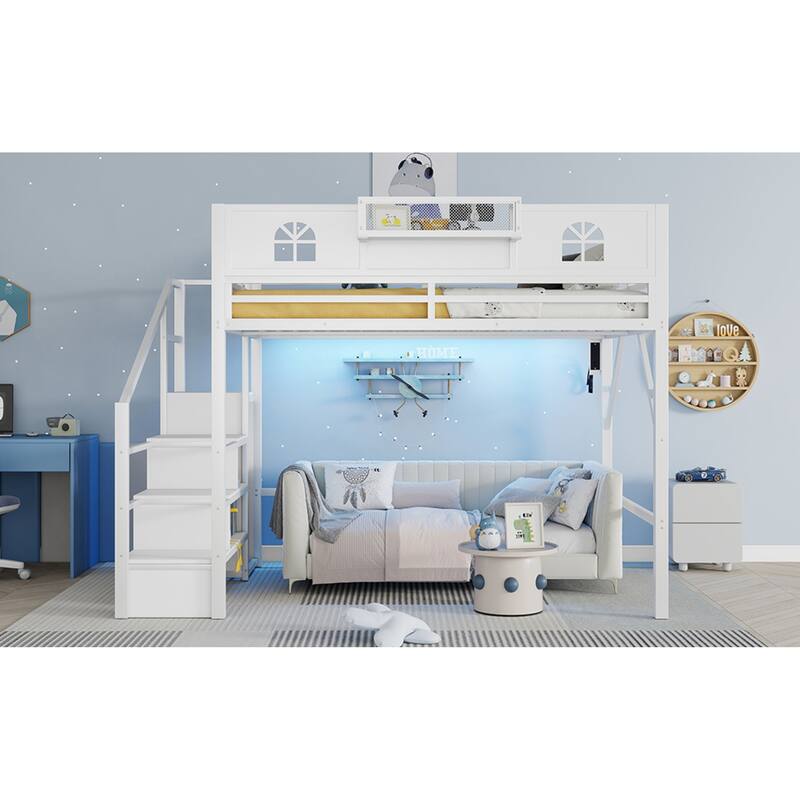 Roomfitters Full/Queen Metal Loft Platform Bed, Staircase Wardrobe and LED Charging Station with House Guardrails for Bedrooms