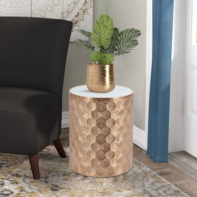 20 Inch Side Table, Iron Top, Mirrored Tabletop, Hammered Texture, Gold