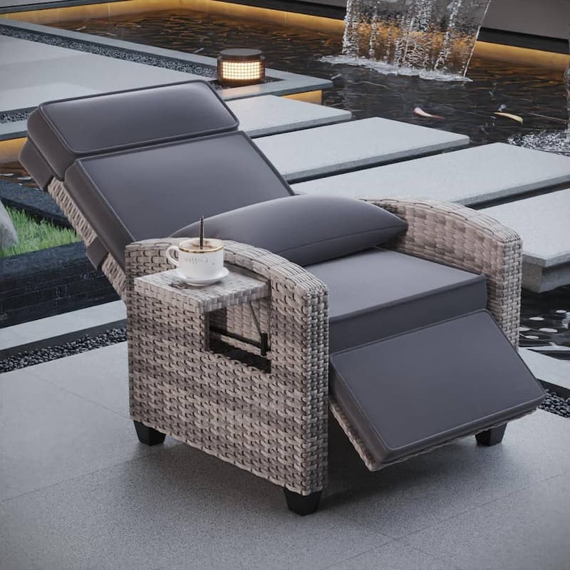 Outdoor Rattan Recliner Chair with Removable Cushion - Grey