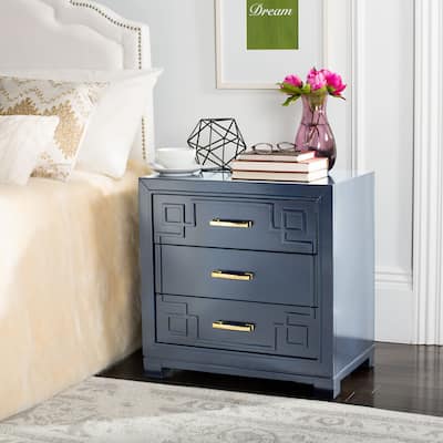 SAFAVIEH Raina Three Drawer Greek Key Navy / Navy Night Stand