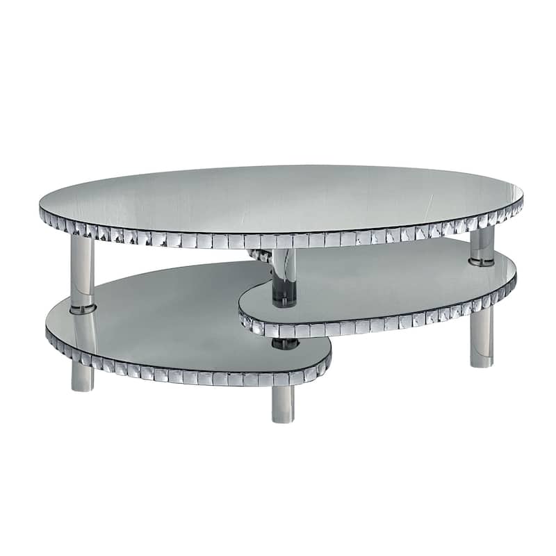 Silver Mirrored Glass Crystal Decor Coffee Table, Oval Double-Layer With Acylic Legs, Modern Home Furnishing