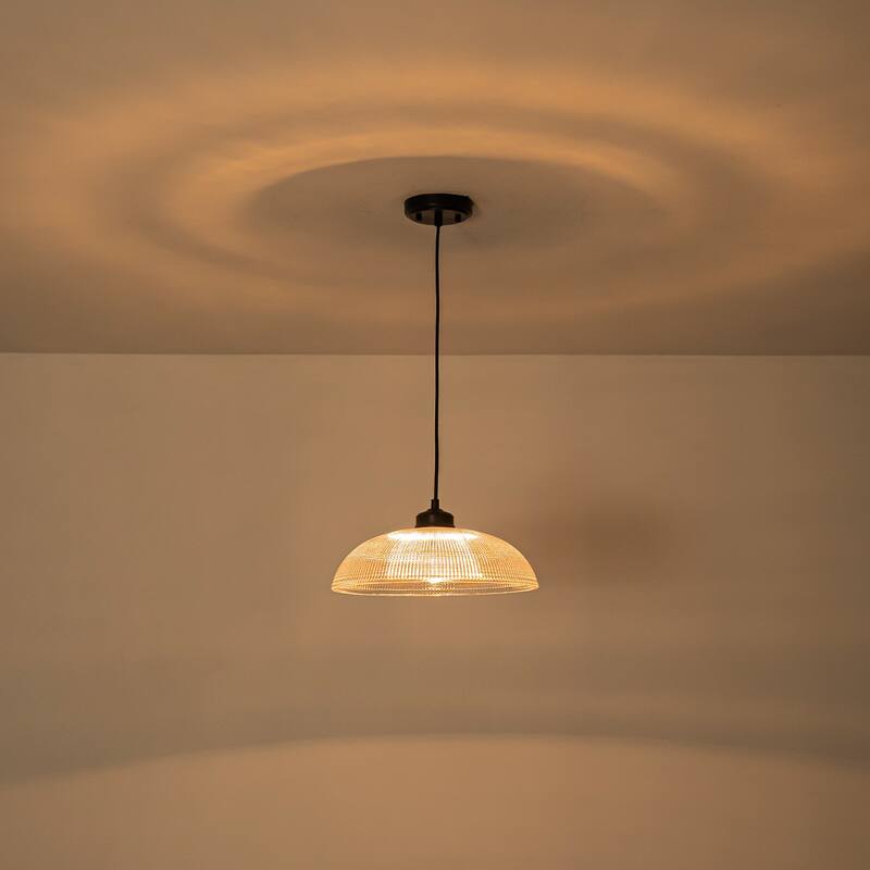 1-Light Matte Black Dome Pendant Textured Glass Kitchen Island Lights for Dining Room