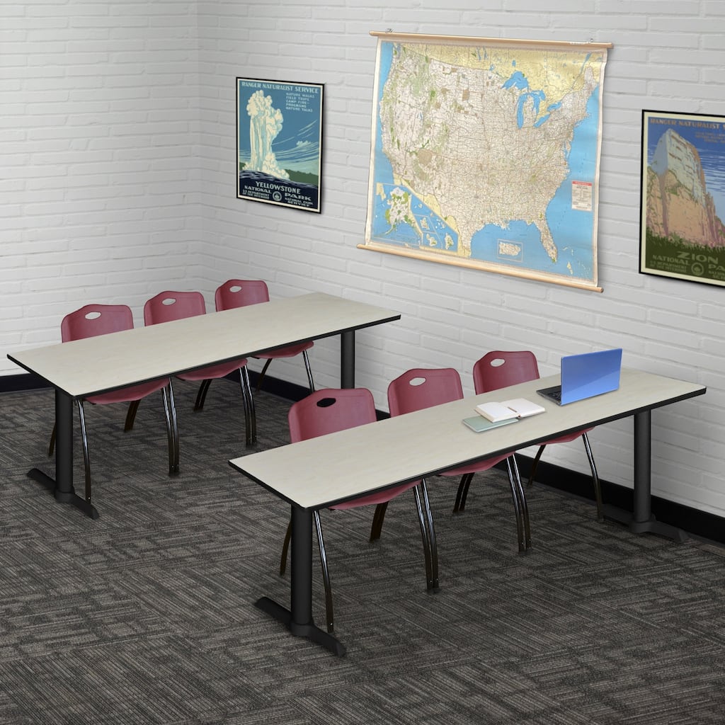 84" x 24" Training Table- Maple & 3 'M' Stack Chairs- Burgundy