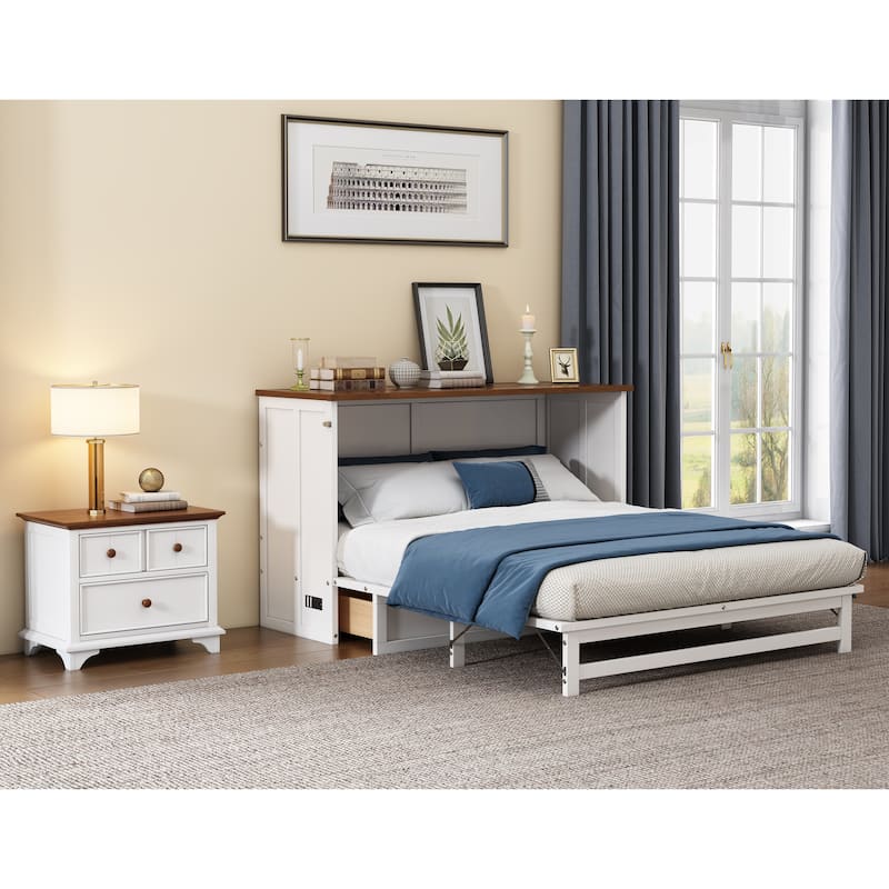 2 Pieces Bedroom Set, Full/Queen Size Murphy Bed and Nightstand, Foldable Cabinet Bed Wall Bed with Storage Drawers for Bedroom - Queen