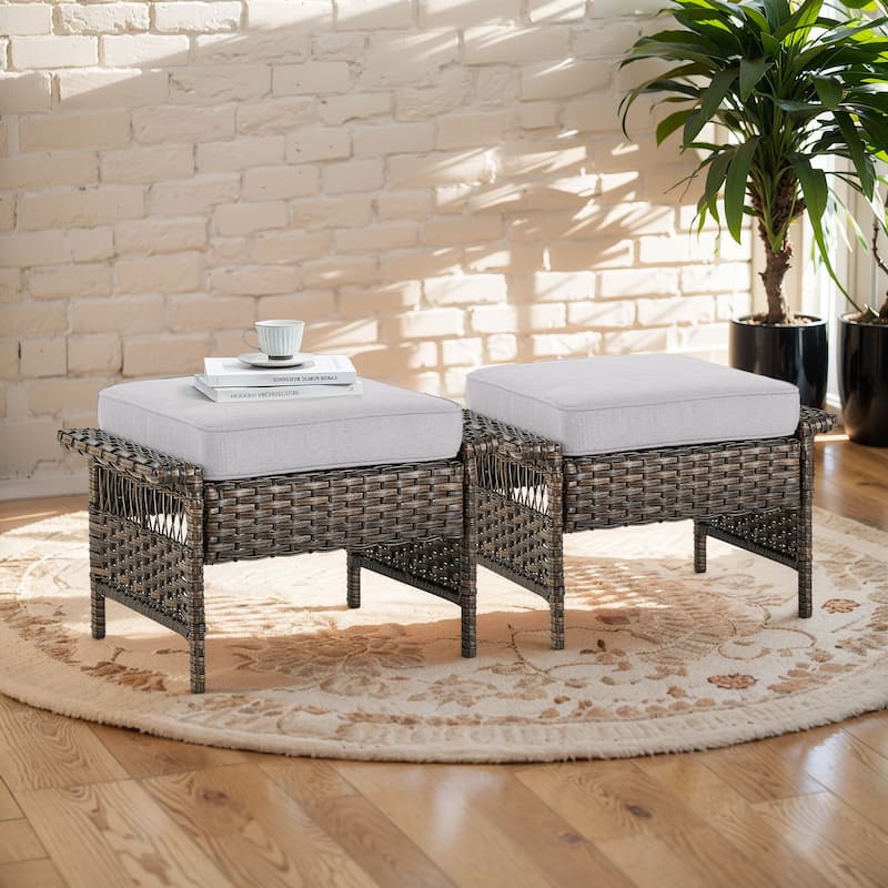 Gymojoy 2PCS Patio Rattan Ottoman Cushioned Seat - Brown - Brown - Beige