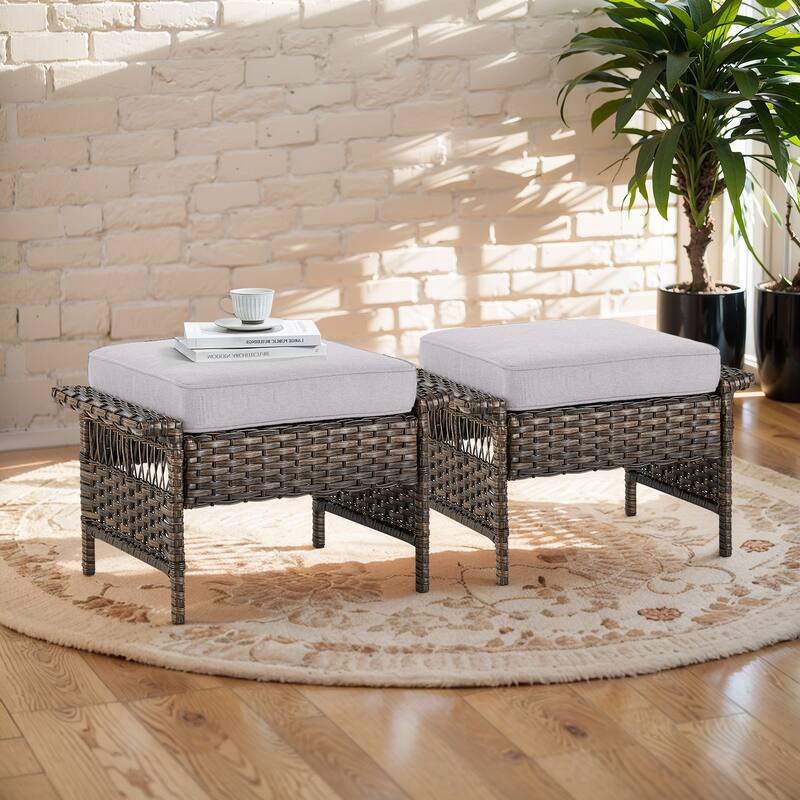 Gymojoy Outdoor Patio Wicker Rattan Ottoman - Brown - Beige