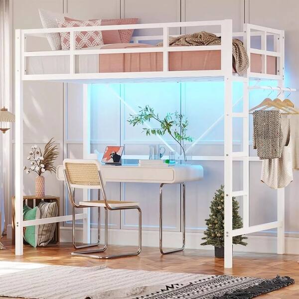 slide 2 of 3, Twin Metal Bed Frame LED Lights Full-Length Guardrail & Ladder White