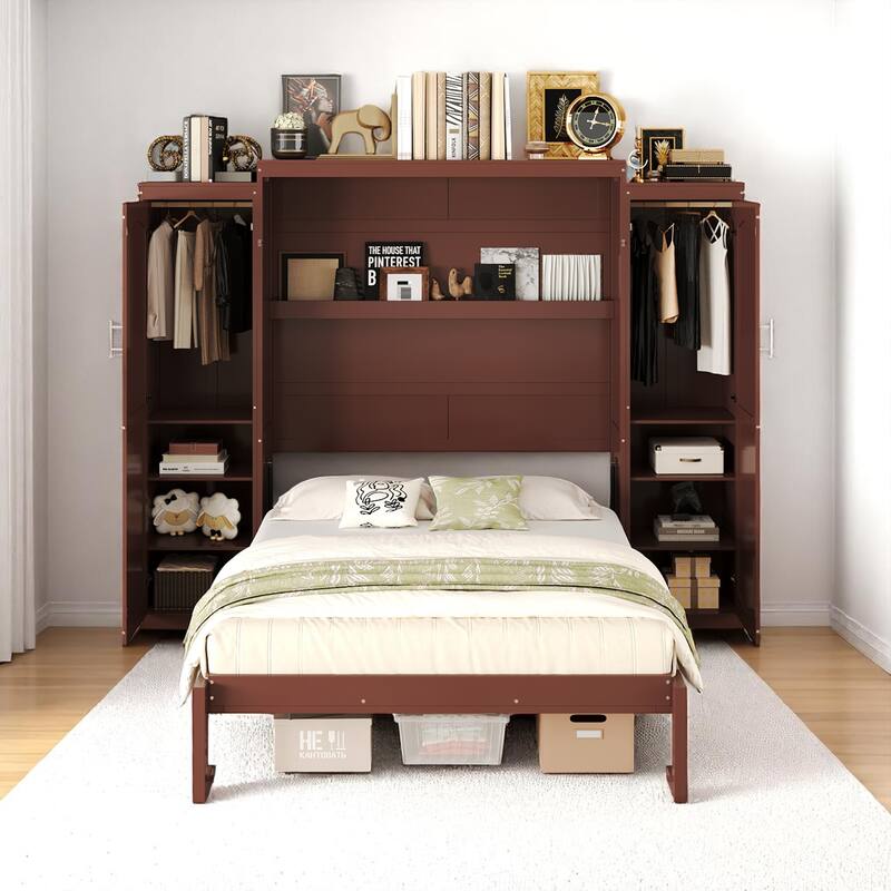 Full/Queen Murphy Bed with 2 Wardrobes and Shelf, Foldable Wall Bed Frame with Storage for Guest Room or Bedroom