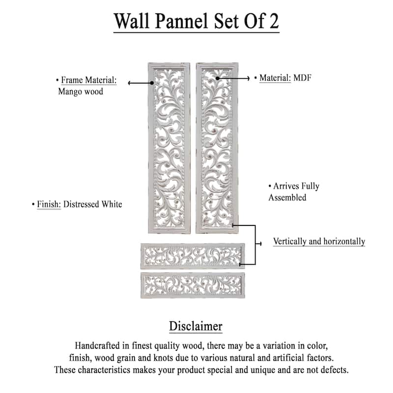 Ozy Carved Wall Art Panel Set of 2, Handcrafted Distressed White Mango Wood, 50 Inch Tall
