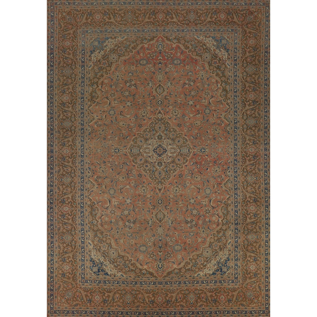 Traditional Kashan Persian Vintage Area Rug Handmade Coral Wool Carpet - 9'9" x 13'1"