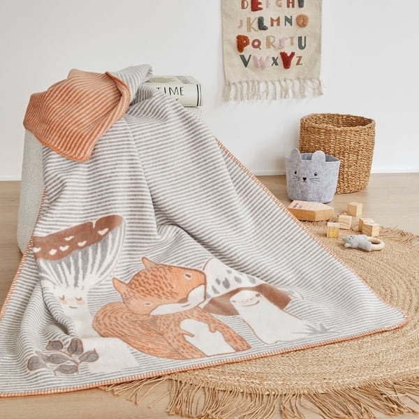 slide 2 of 5, IBENA Baby & Kids Squirrel and Friends Mushroom Nature Theme Striped Blanket