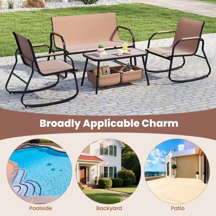 4 Piece Brown-Black Fabric Metal Outdoor Bistro Set with Loveseat and Rockers - Coffee Table: 31.5" x 18" x 16.5"