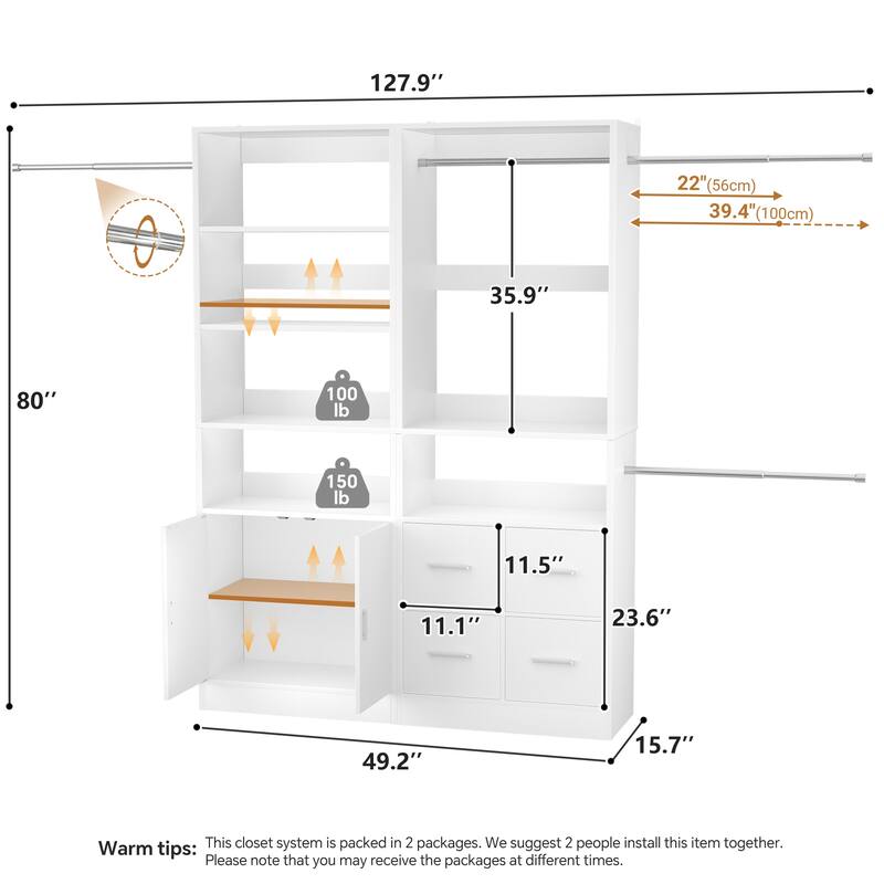 Rackcog Set of 2 Closet Organizer with 2 Doors, Closet System with Drawers for Walk-in Closet