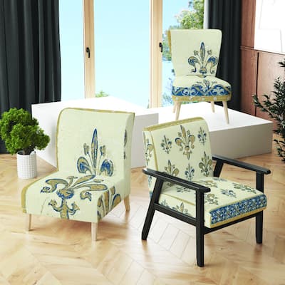 Designart "Fleur De Lis Gold Pattern" Upholstered Glam Accent Chair - Arm Chair