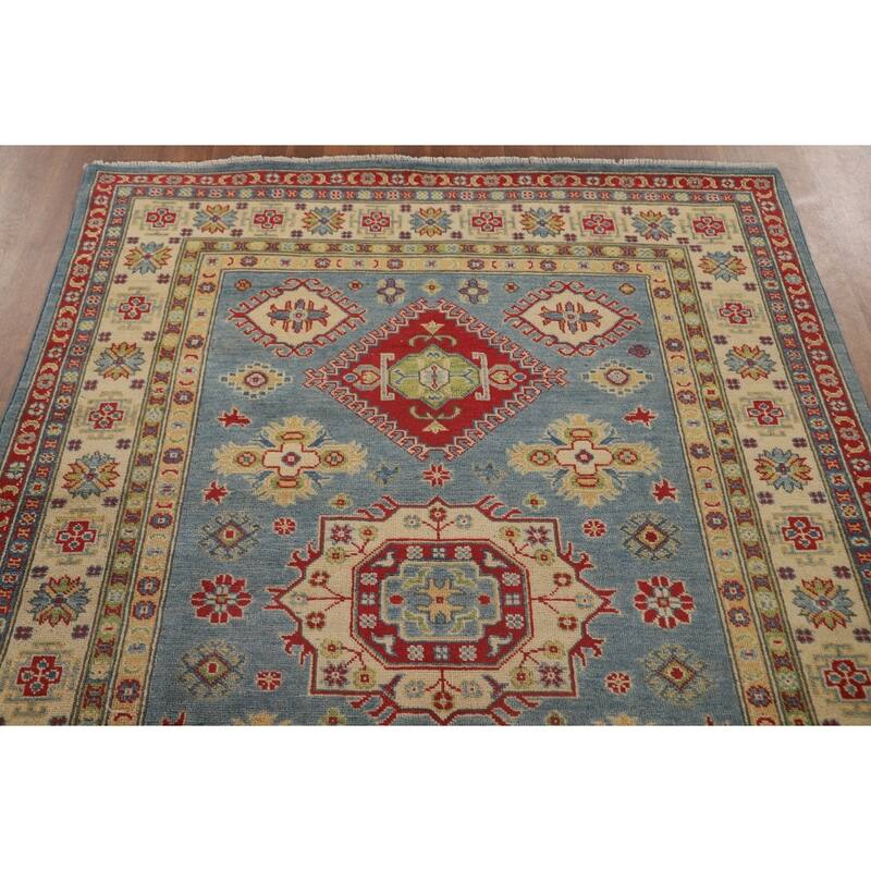 Blue Geometric Kazak Area Rug Handmade Wool Carpet - 5'0" x 6'6"