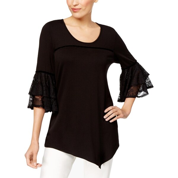 NY Collection Womens Pullover Top Lace Trim