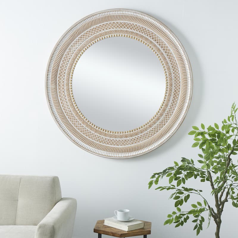 Wood Geometric Handmade Intricately Carved Room Wall Mirror with Bohemian Patterns - Brown - Roche River Decor