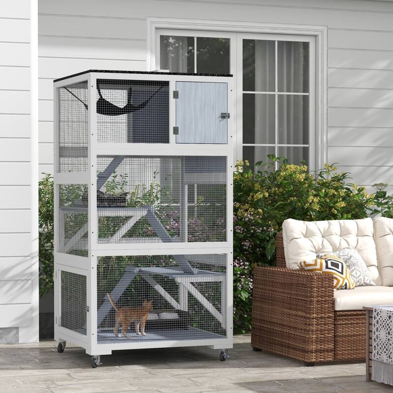PawHut Catio, Outdoor Cat Enclosure House, Wooden Feral Cat Shelter on Wheels, Cat Cage with Hammock, Platforms Ramps