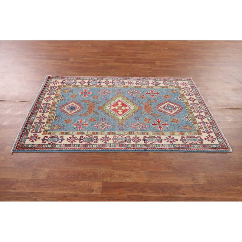 Light Blue Geometric Kazak Rug Hand-Knotted Wool Carpet - 3'3" x 4'11"
